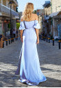 flowing evening dress with puff sleeves