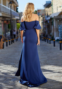 flowing evening dress with puff sleeves